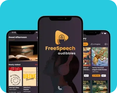 FreeSpeech Auddibles audiobook app shown on iPhone: ATOA case study